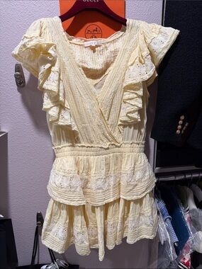 LoveShackFancy yellow-Cream Lace-Trim Striped Gwen dress